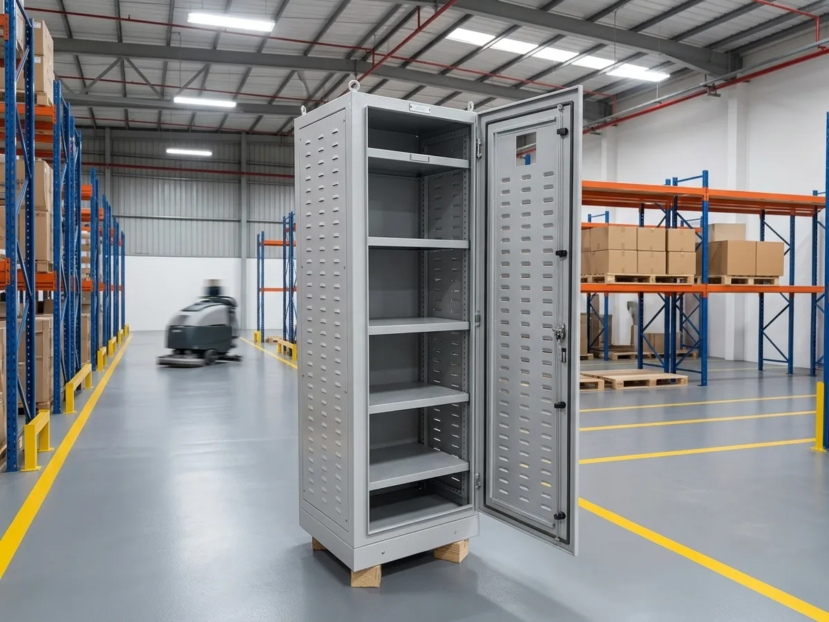 Ventilated battery storage cabinet with louvered door manufactured by Ideal Design in the UAE
